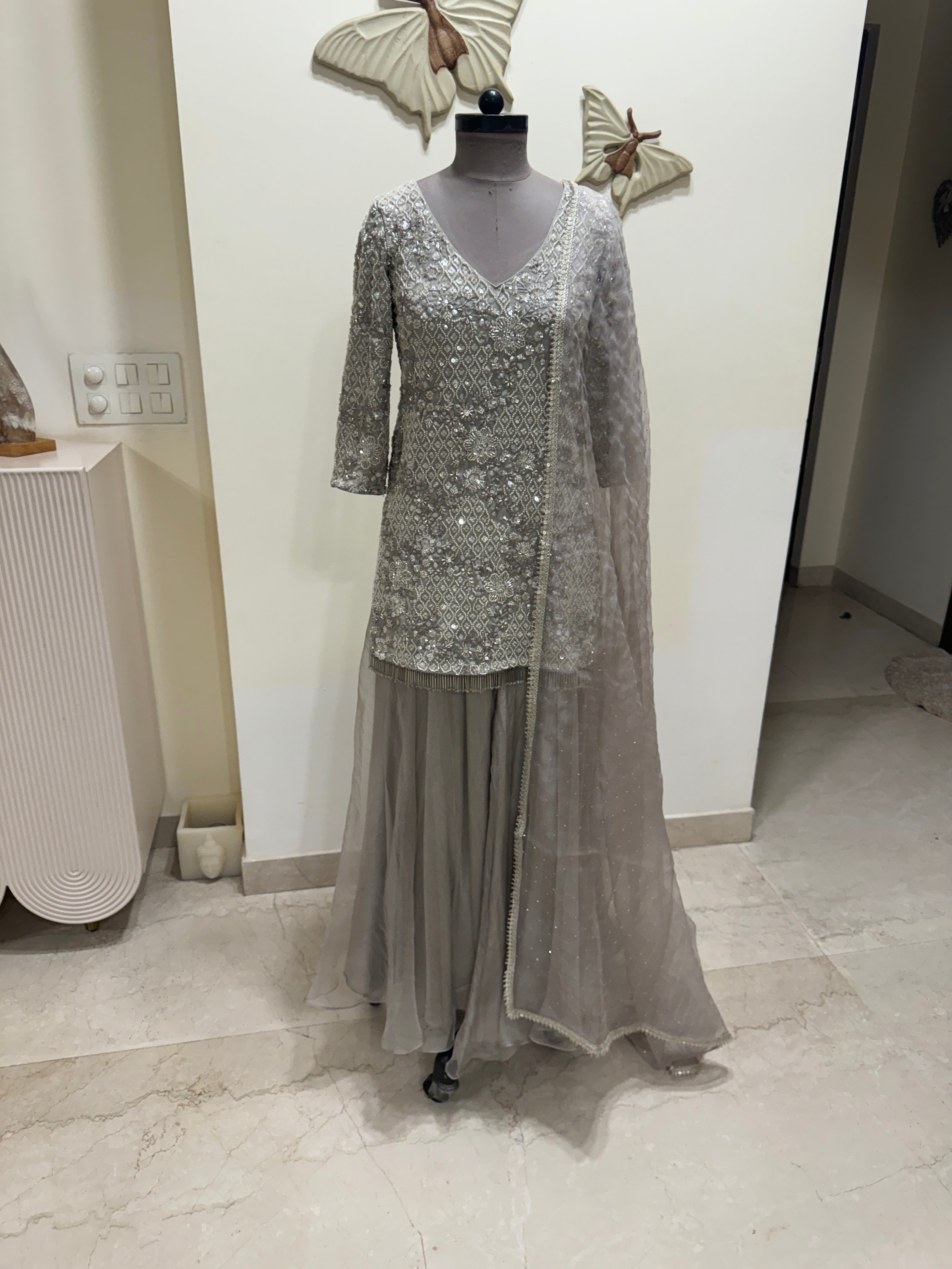 Grey Embroidered Sharara