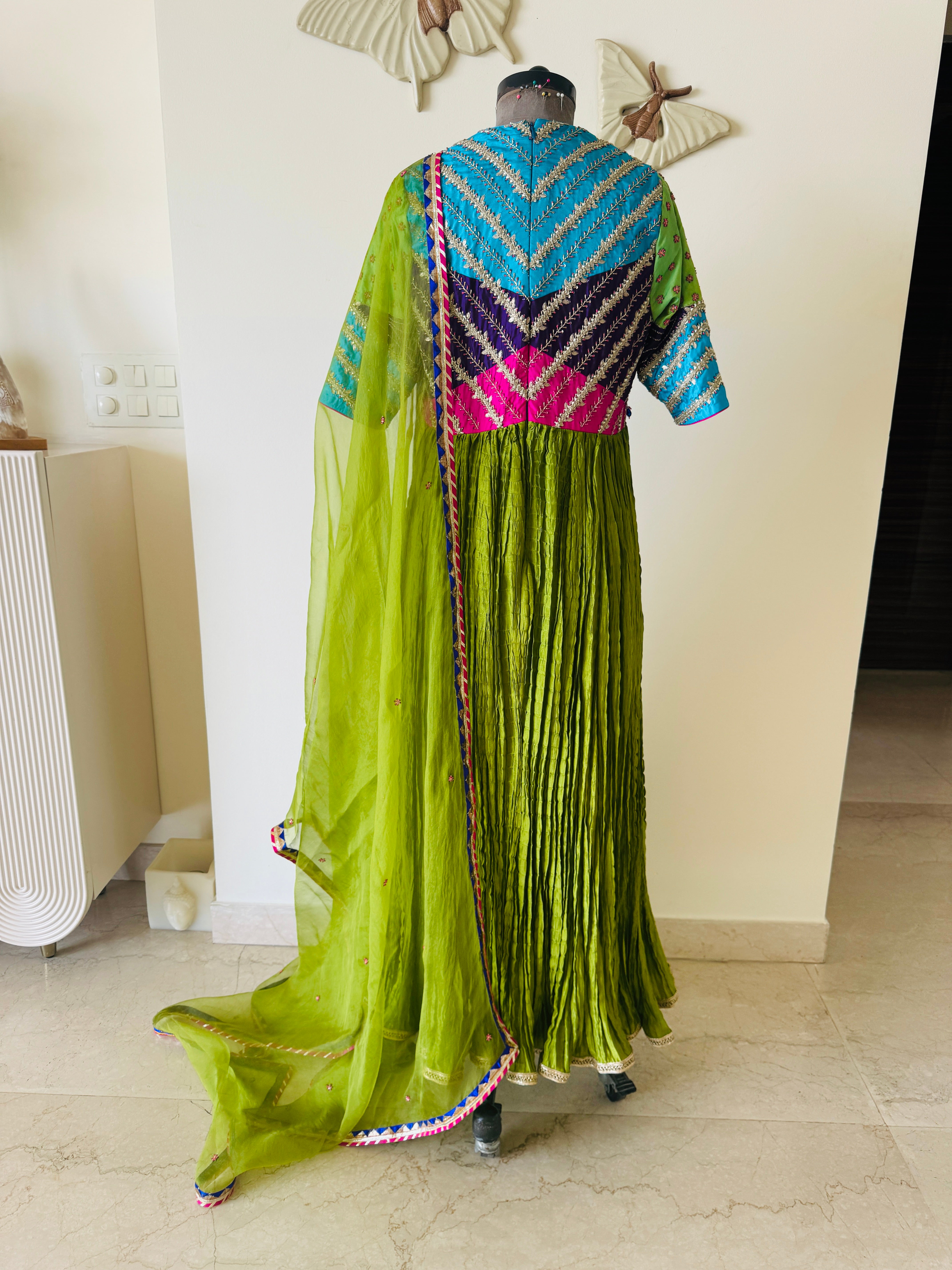 Green Crinkled Anarkali