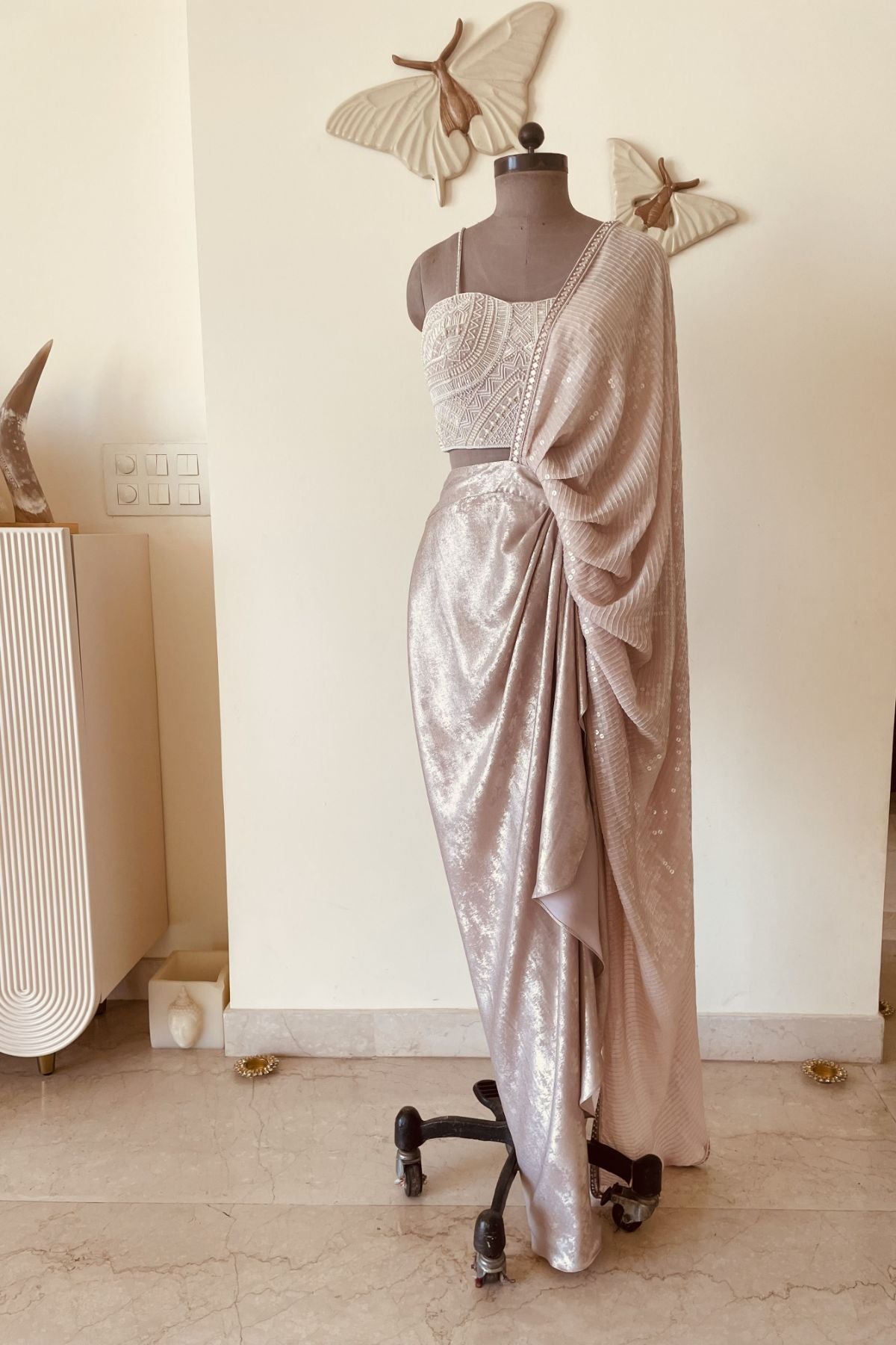 Champagne draped skirt saree
