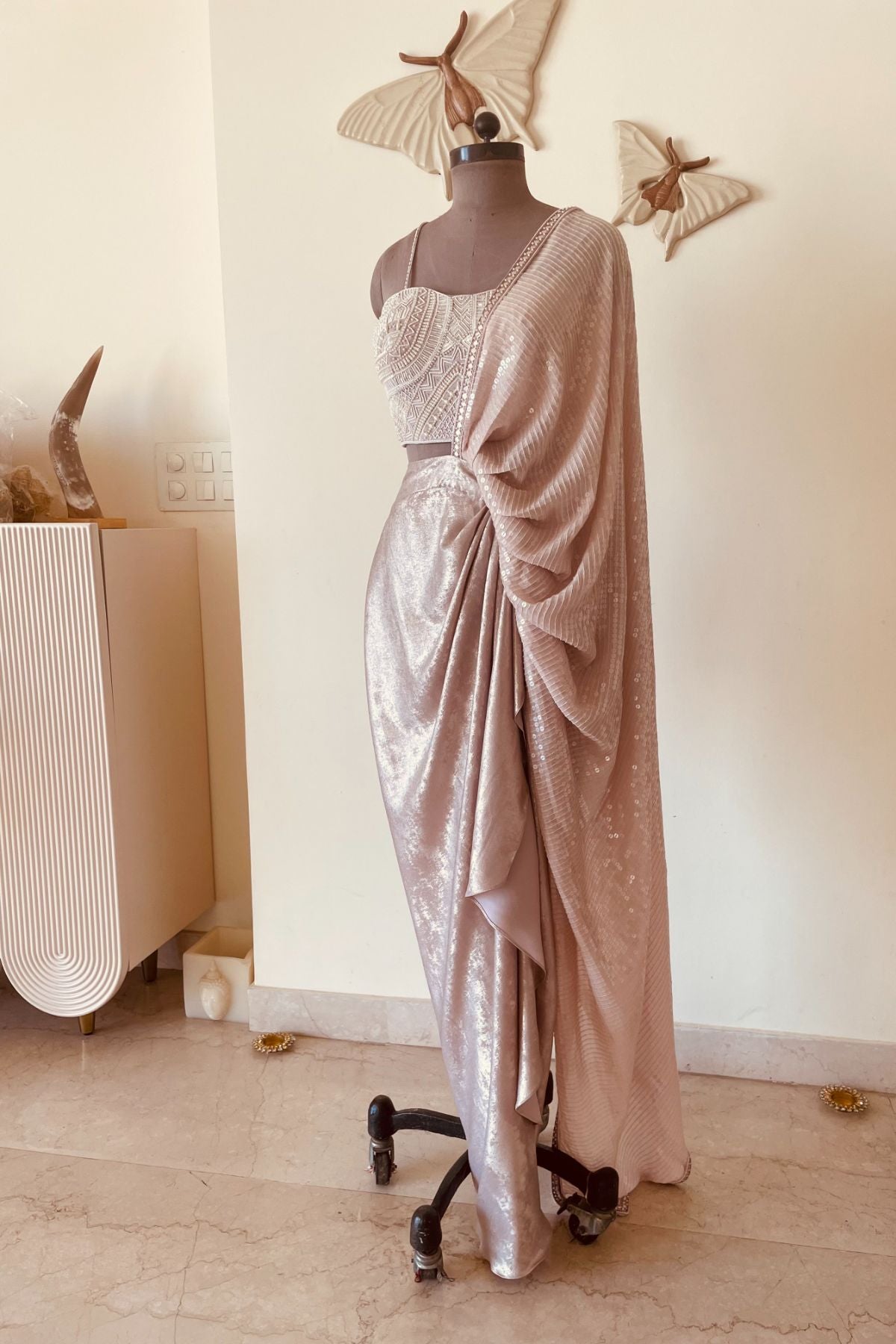 Champagne draped skirt saree
