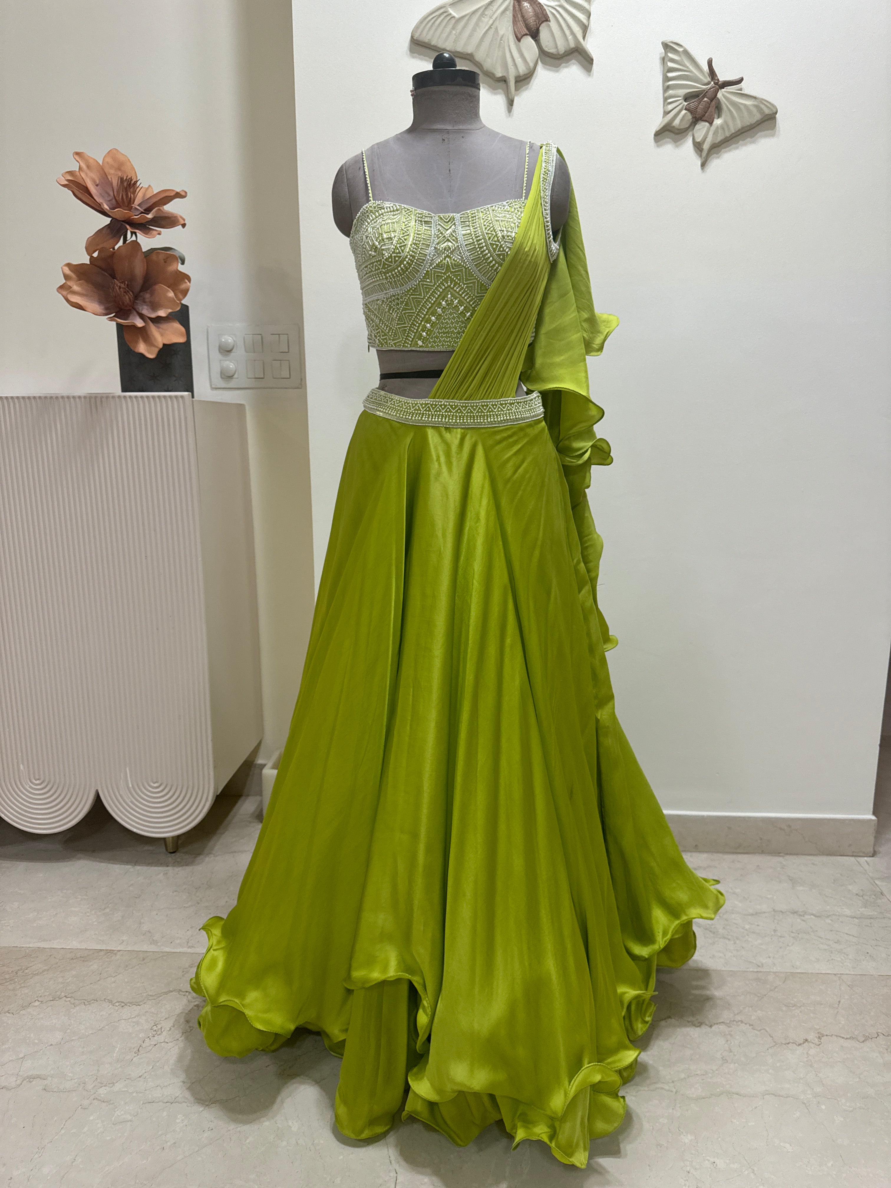 Parrot Green Draped Lehenga