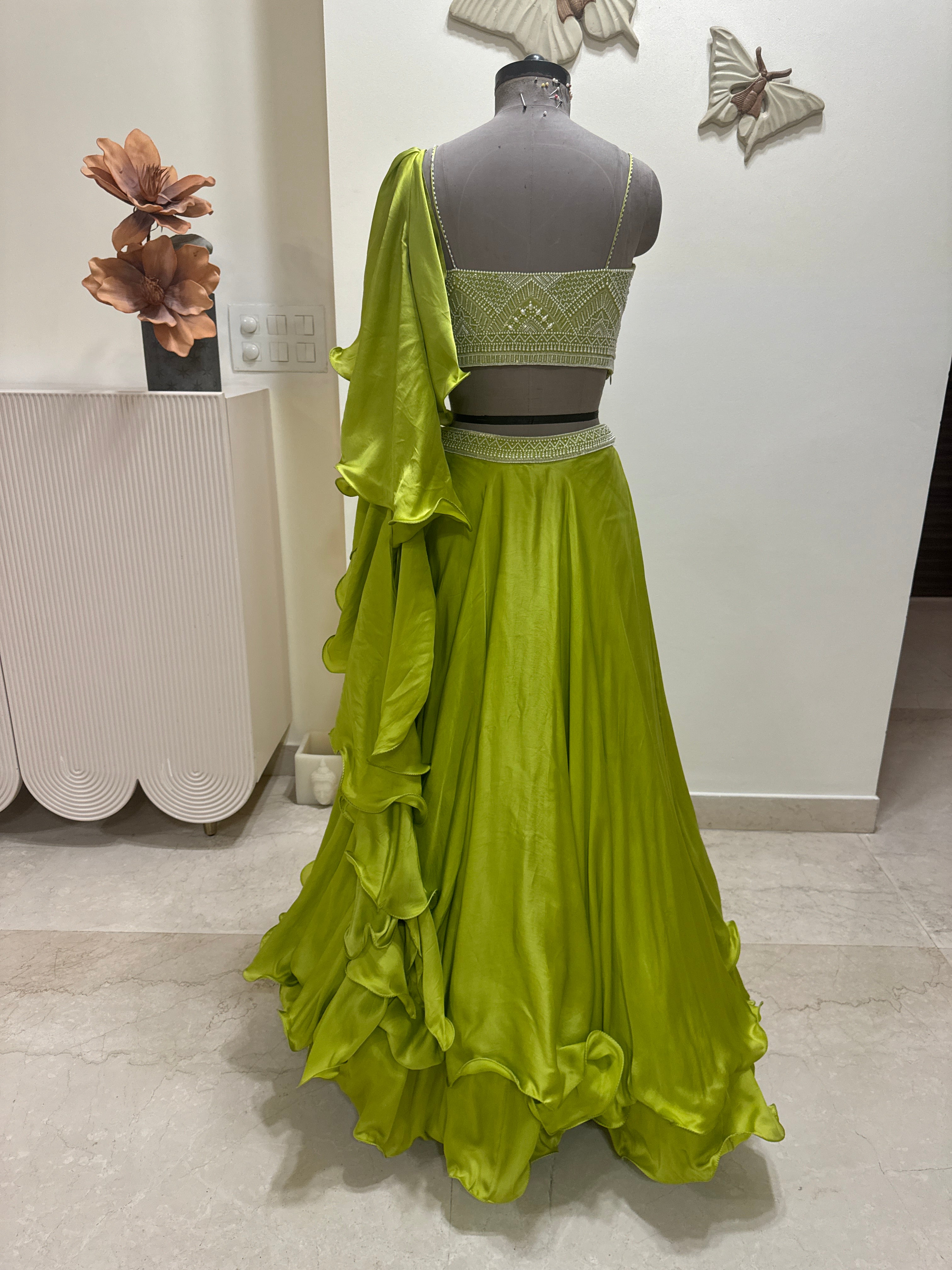 Parrot Green Draped Lehenga