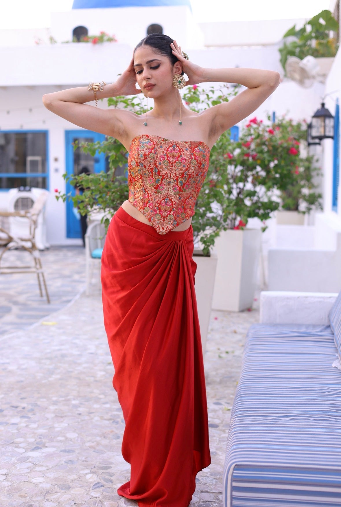 Red Brocade Corset with Draped Skirt