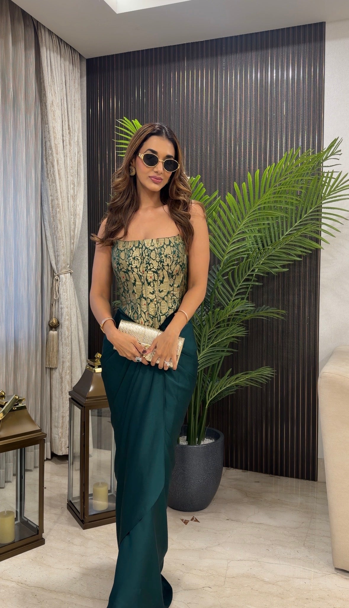 Bottle Green Brocade Corset with Draped Skirt