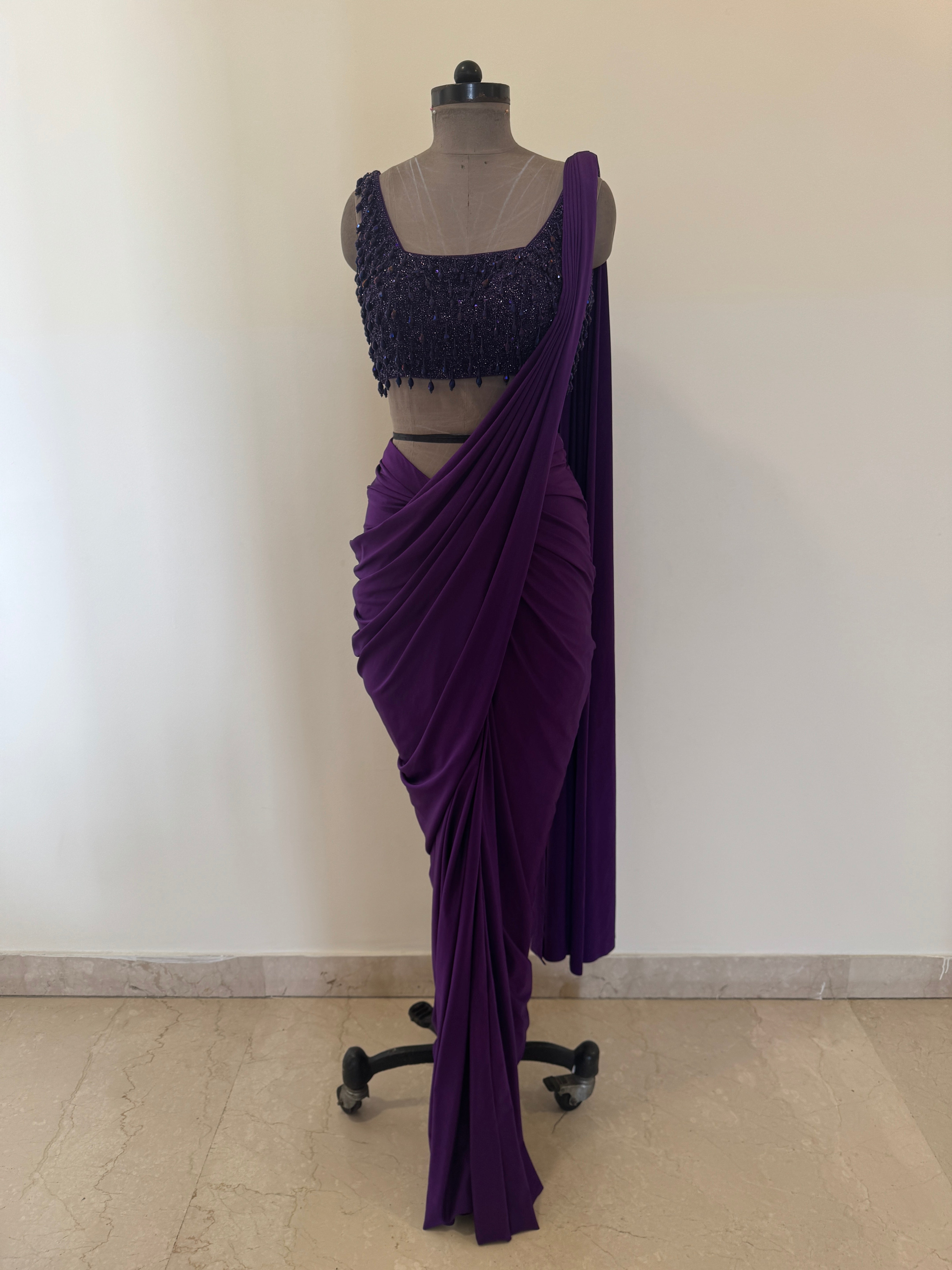Purple Draped Saree with Drop Tassel Blouse