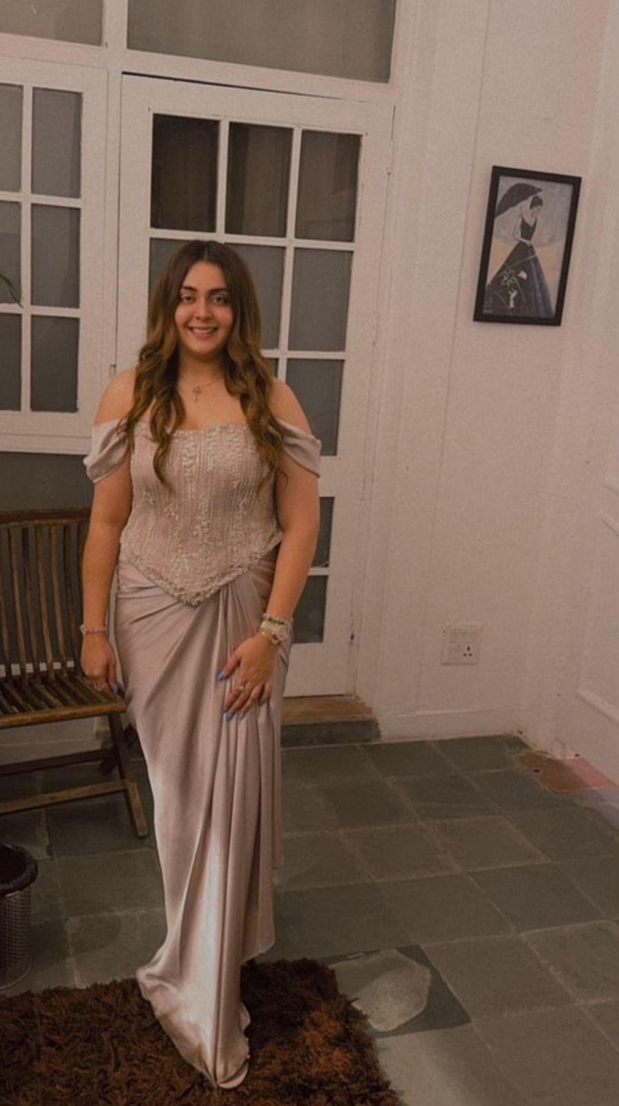Champagne draped skirt with embroidered corset