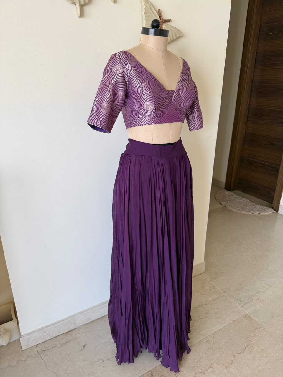 Purple chiffon lehenga with brocade blouse and dupatta